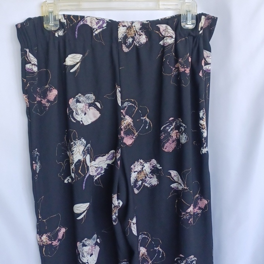 JULES & LEOPOLD Black/Pink Floral Flowy Pants, Elastis Waistband, Sz M, Slit Leg - Picture 4 of 8